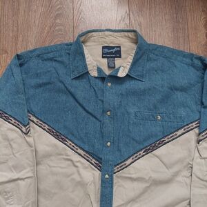 Wrangler Blue and Tan Western Shirt Aztec Pattern Denim Cotton XXL